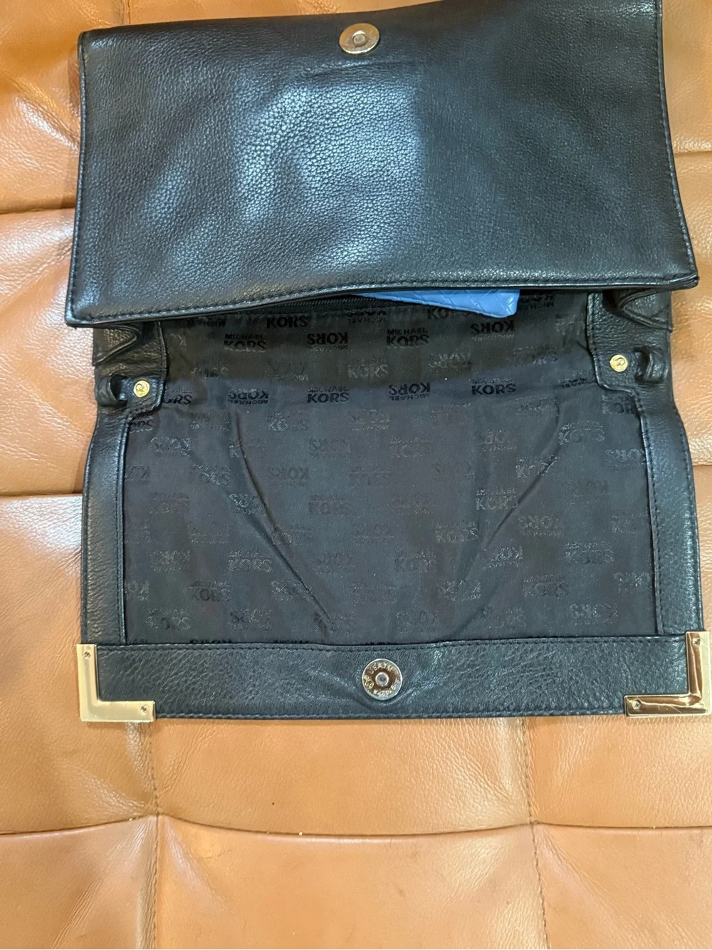 Michael Kors Teal Pebbled Leather Fold-Over Briefcase Clutch with Gold Accents